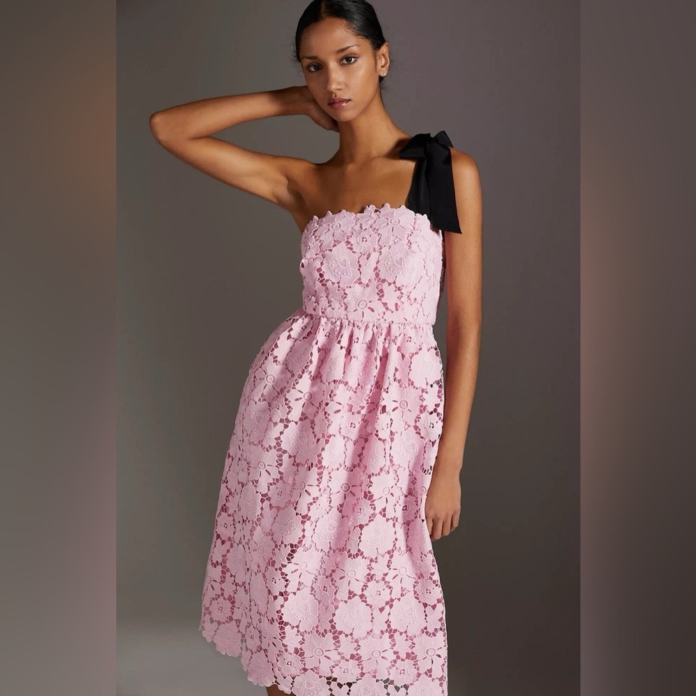 Anthropologie Maeve Pink Lace Dress with One Shoulder Black Bow